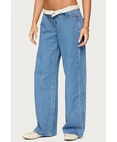 Edikted Women's Floral Foldover Low Rise Jeans