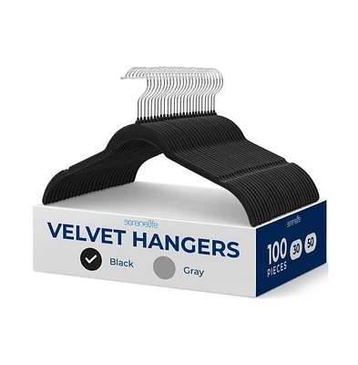 SereneLife 100-Piece Velvet Shirt Hangers - Non-Slip, Sturdy, Space Saving and Heavy Duty Coat Set with 360° Swivel Hook for Clothes (Black