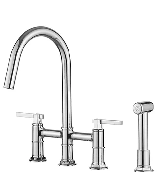 Greenspring Double Handle 4-Holes Deck Mount Bridge Kitchen Faucet with Side Sprayer Sink Faucet 360 Swivel Spout in Polished Chrome