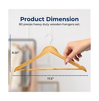 SereneLife 80-Pack Solid Wooden Hangers – Heavy Duty Natural Wood with 360° Swivel Hook, Shoulder Notches & Pants Bar – Space-Savin
