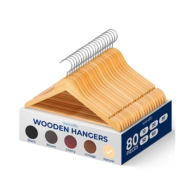 SereneLife 80-Pack Solid Wooden Hangers – Heavy Duty Natural Wood with 360° Swivel Hook, Shoulder Notches & Pants Bar – Space-Savin
