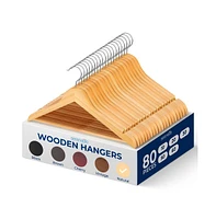 SereneLife 80-Pack Solid Wooden Hangers – Heavy Duty Natural Wood with 360° Swivel Hook, Shoulder Notches & Pants Bar – Space-Savin