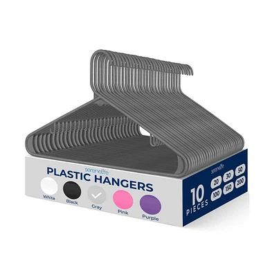 SereneLife 10 Pcs. Plastic Hangers - Non-Slip, Sturdy, and Heavy Duty Coat Set with 360° Swivel Hook for Clothes (Grey)