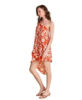 endless rose Women's Floral Print Shoulder Pintucked Asymmetrical Mini Dress