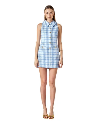 endless rose Women's Tweed Halter Check Mini Dress