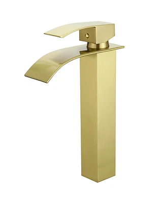 Greenspring Waterfall Single Hole Single Handle Modern Bathroom Vessel Sink Faucet With Metal Drain in Brushed Gold