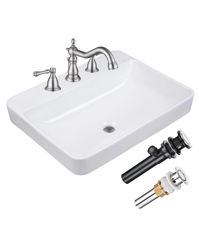Aquaterior Rectangle Drop In Bathroom Sink w/ 3 Hole Faucet Widespread 2 Handle