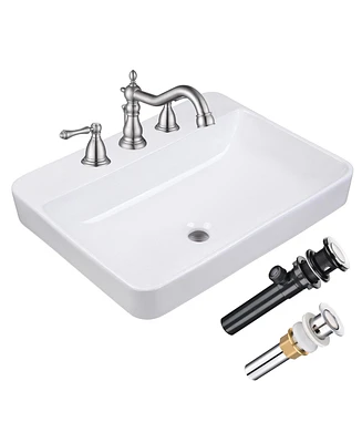 Aquaterior Rectangle Drop In Bathroom Sink w/ 3 Hole Faucet Widespread 2 Handle