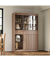 Homsee Modern wood grain 4 tempered glass doors 2 drawers storage cabinet, pantry， wooden