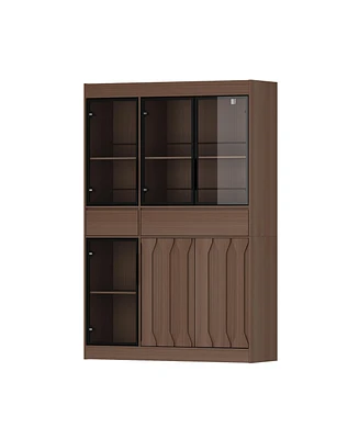 Homsee Modern wood grain 4 tempered glass doors 2 drawers storage cabinet, pantry， wooden