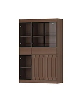 Homsee Modern wood grain 4 tempered glass doors 2 drawers storage cabinet, pantry， wooden