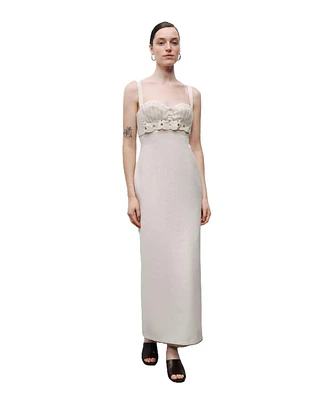 Nocturne Women's Linen Brode Detailed Sweetheart Maxi Dress
