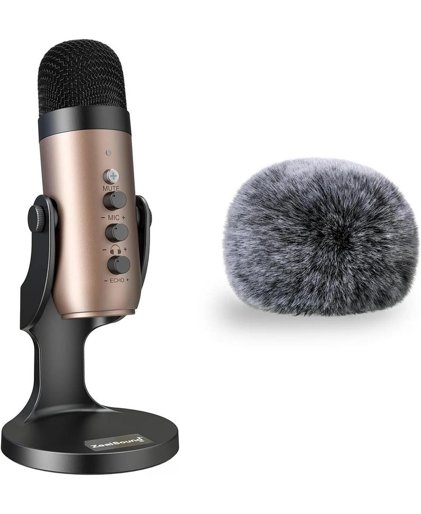 ZealSound Usb Microphone k66g Gold and Furry Microphone Cover Bundle