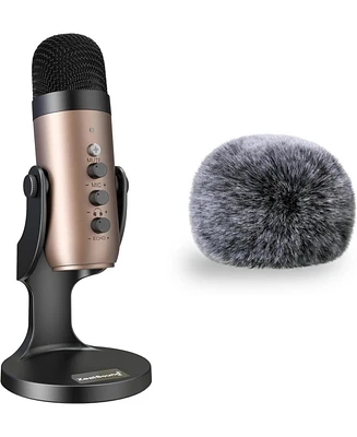 ZealSound Usb Microphone k66g Gold and Furry Microphone Cover Bundle