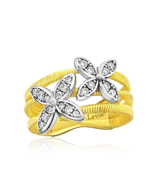 Suzy Levian New York Golden Helix Sterling Silver Cubic Zirconia Coil Three Row Double Flower Ring