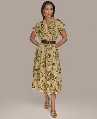 Donna Karan New York Women's Floral-Print Belted A-Line Midi Dress