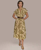 Donna Karan New York Women's Floral-Print Belted A-Line Midi Dress