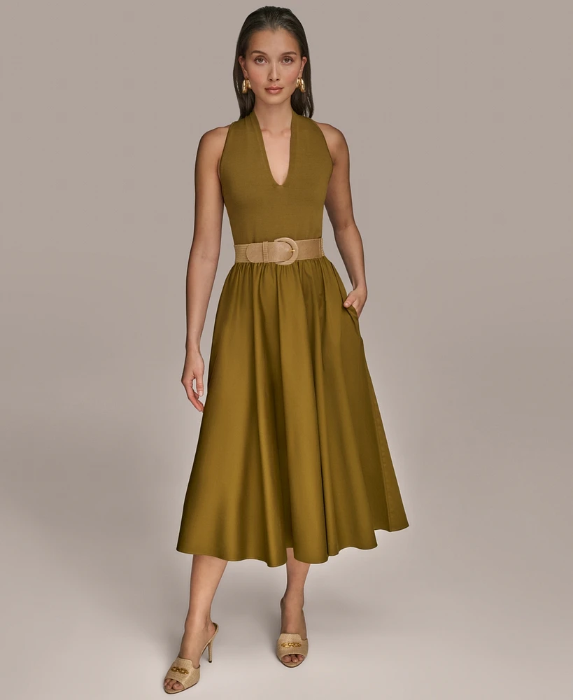 Donna Karan New York Women's Mixed-Media Belted Halter Dress