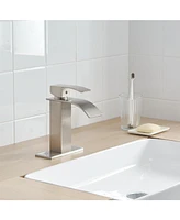Greenspring Waterfall Single Handle Hole Low-Arc Bathroom Faucet Drip-Free Vanity Sink Matte Black & Gold