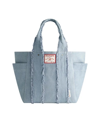 True Religion Frayed Handle Solid Denim Tote