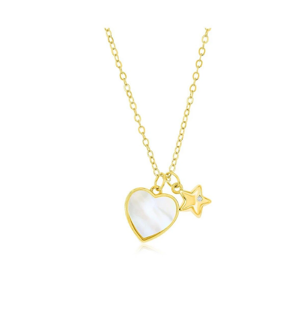 Sterling Silver Mop Heart & Star Cz Necklace