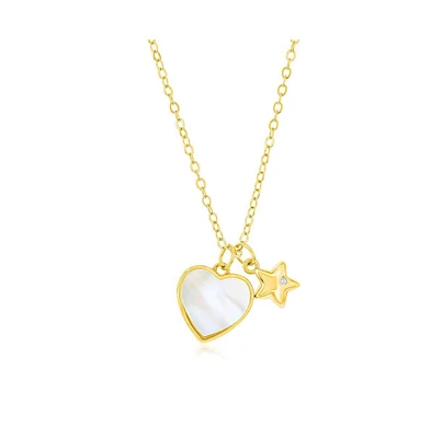 Sterling Silver Mop Heart & Star Cz Necklace