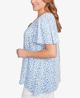Ruby Rd. Plus Beaded Macrame Puff Print Top