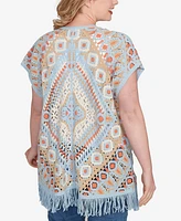 Ruby Rd. Plus Size Crochet Fringe Short Sleeve Cardigan Sweater