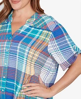 Ruby Rd. Plus Crinkle Knit Plaid Button Down Top