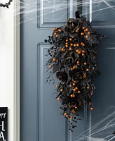 Glitzhome 28" Halloween Black Rose and Berry Swag Metal Wreath Hanger