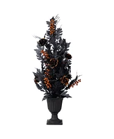 Glitzhome 36" Halloween Lighted Black Rose with Orange Glitter Urn Porch Tree with Timer