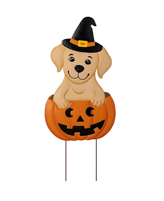 Glitzhome 32" Halloween Metal Labrador In Pumpkin Yard Stake