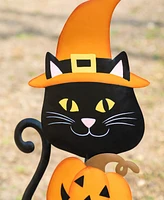 Glitzhome 36" Halloween Metal Black Cat with Spring Head and Stacked Pumpkin Yard Stake