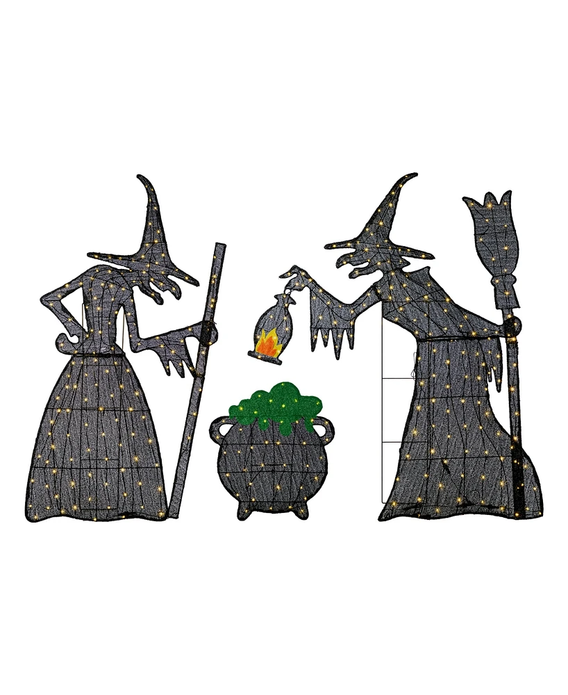 Glitzhome Lighted Halloween Witches with Cauldron Outdoor Decor with Warm White Led Lights, Set of 3