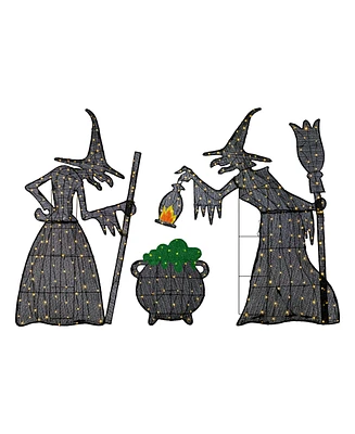 Glitzhome Lighted Halloween Witches with Cauldron Outdoor Decor with Warm White Led Lights, Set of 3