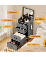 Vlsrka 3-in-1 Vanity Desk with Flip-Top Mirror, Glass Top, 3 Drawers, and Stool