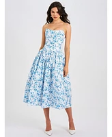 Miss Circle Women's Paloma Blue Print Linen Corset Draping Top Midi Dress