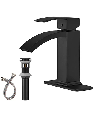 Greenspring Waterfall Single Hole Single-Handle Low-Arc Bathroom Sink Faucet With Pop-up Drain Assembly In Matte Black
