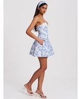 Miss Circle Women's Taleah Blue Floral Print Linen Mini Dress with Lace Trim
