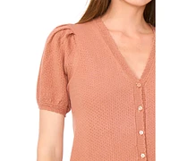 CeCe Women's Pointelle-Stitch Short-Sleeve V-Neck Cardigan