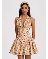 Miss Circle Women's Mackenzie Green and Pink Floral Print Halter Linen Mini Dress