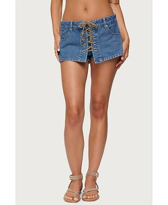 Edikted Women's Olivera Lace Up Denim Mini Skort