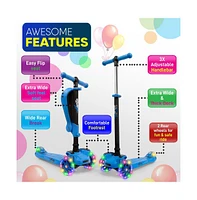 Hurtle 3-Wheeled Scooter for Kids - Wheel Led Lights, Adjustable Lean-to-Steer Handlebar, and Foldable Seat