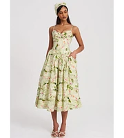 Miss Circle Women's Jacinda Green Floral Print Ruched Breast Linen Midi Dress