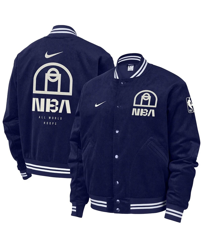 Nike Men's Blue Nba All World Hoops Team 31 Trend Corduroy Full-Snap Bomber Jacket