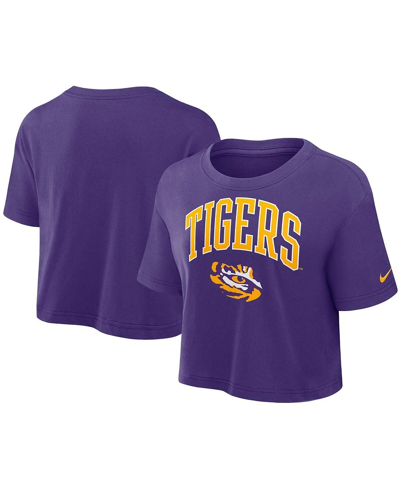Nike Women's Purple Lsu Tigers Power Pursuit Athletic Prep Arch Performance Cropped T-Shirt