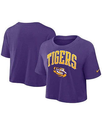 Nike Women's Purple Lsu Tigers Power Pursuit Athletic Prep Arch Performance Cropped T-Shirt
