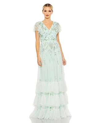 Mac Duggal Women's Ruffle Tiered Embellished Faux Wrap Flutter Sleeve