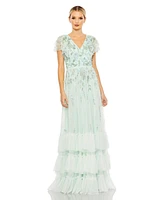 Mac Duggal Women's Ruffle Tiered Embellished Faux Wrap Flutter Sleeve