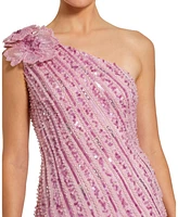 Mac Duggal Women's One Shoulder Beaded Mesh Gown With Flower